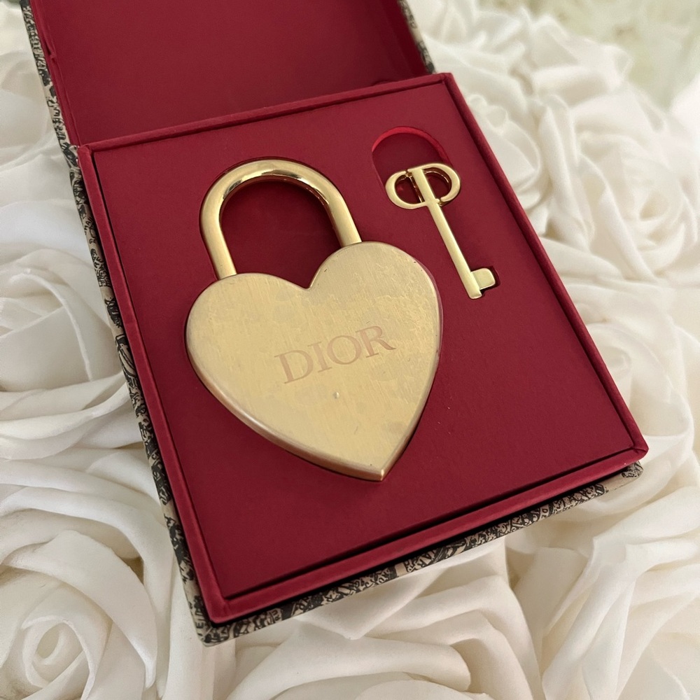 Dior Gold Heart Padlock with Key key holder bag charm in gift Box